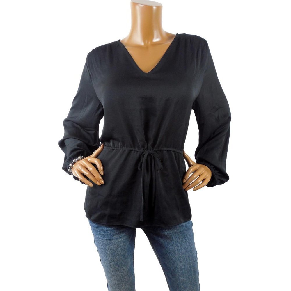 GIGI PARKER Top XL Black Blouse NWT Silky Lightweight Tie Waist Long Sleeves